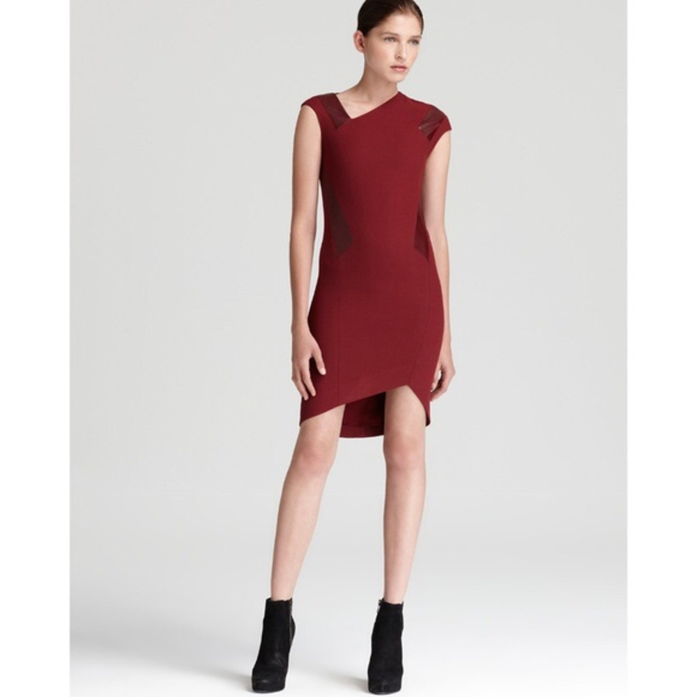 Helmut Lang red wool/leather asymmetric dress
